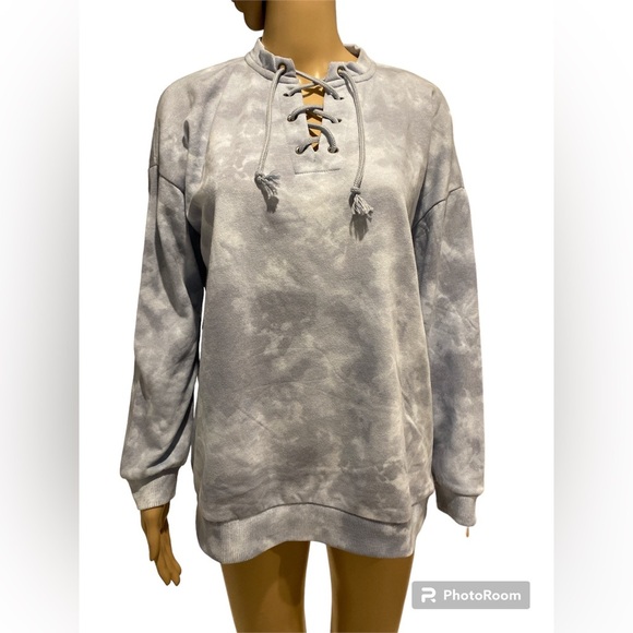 Olive + Oak  Pull Over Sweater V Neck Tie-up Size S Blue Tie Dye - Picture 1 of 3